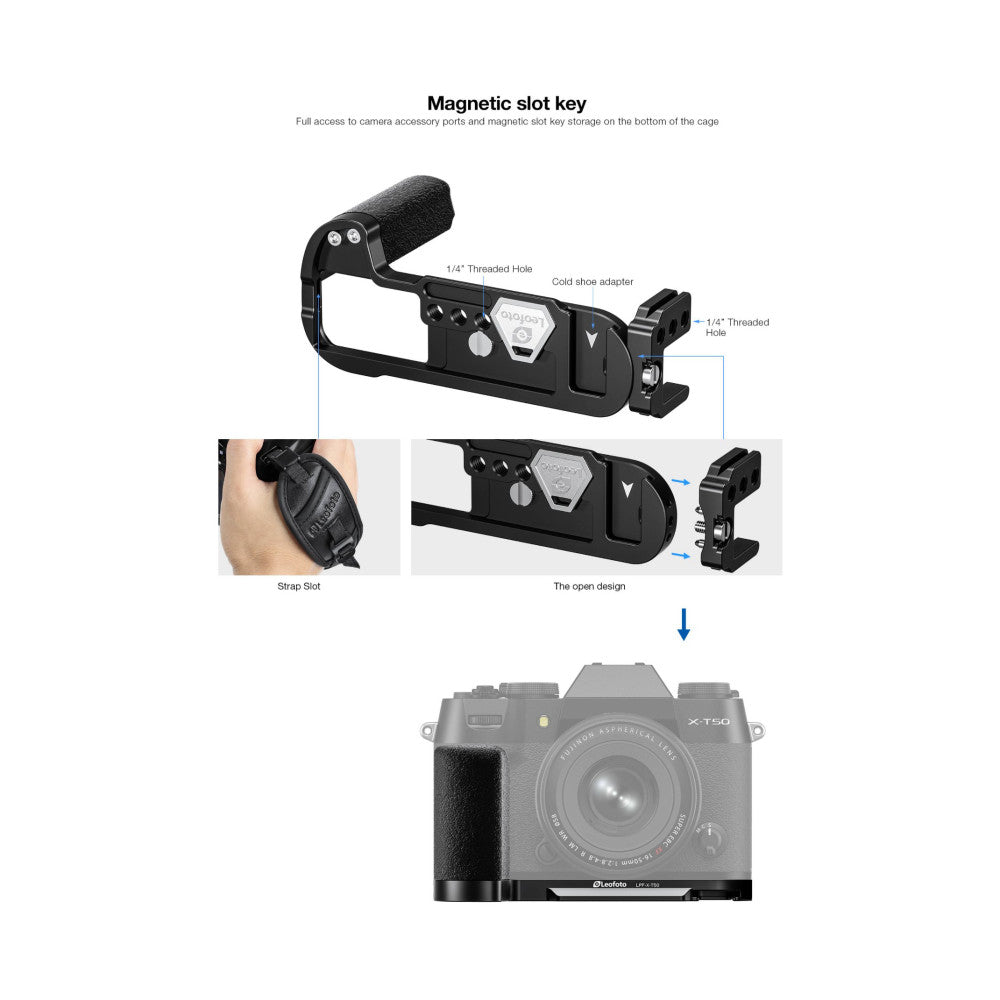 L-bracket assembly showing magnetic slot key features, strap slot detail, cold shoe adapter, and mounted position on Fujifilm X-T50 camera body.