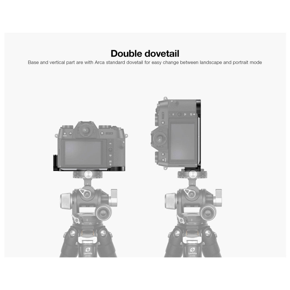 Two views of L-bracket mounted on gimbal head with camera in landscape and portrait orientation modes.