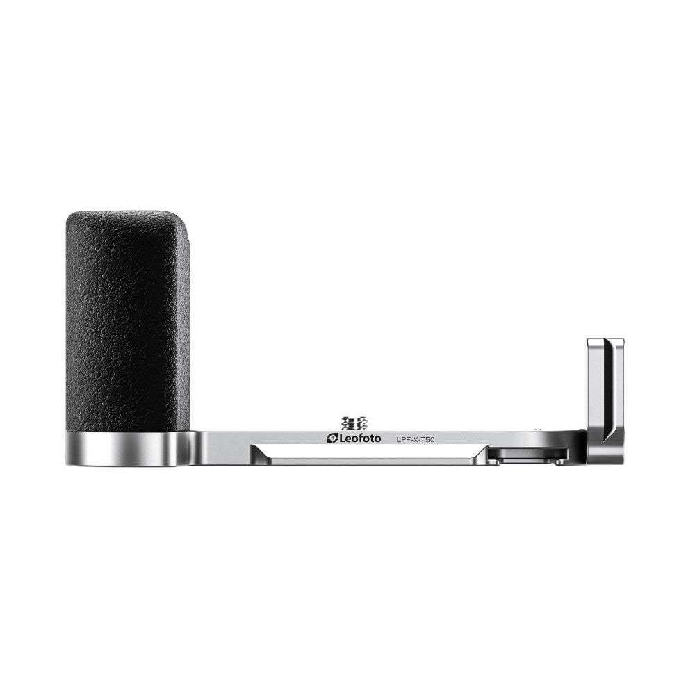 Side view of silver L-bracket with black grip handle, showing horizontal aluminum rail and right-angle vertical extension.