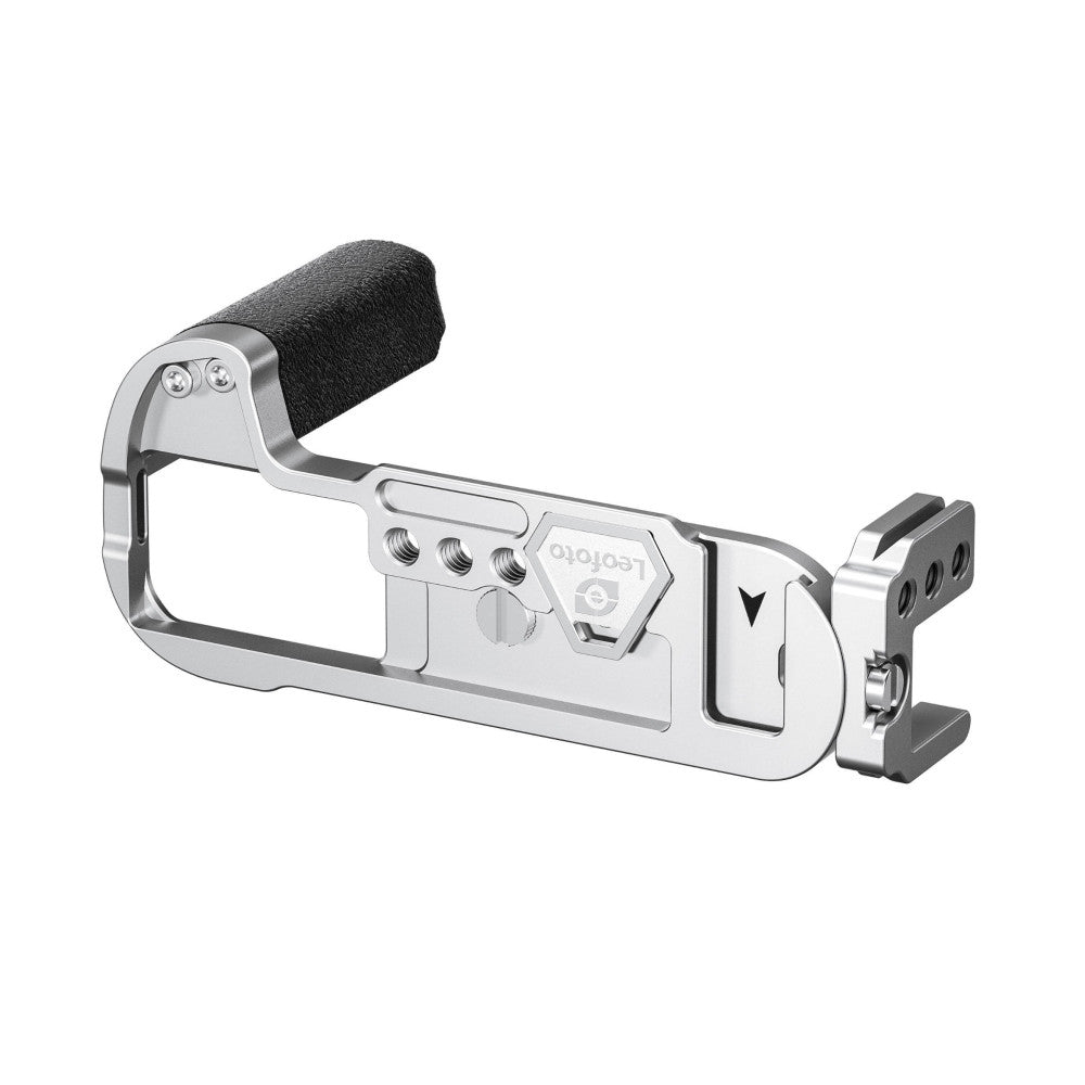 Silver L-bracket with black foam grip and mounting points, shown from the side against a white background.