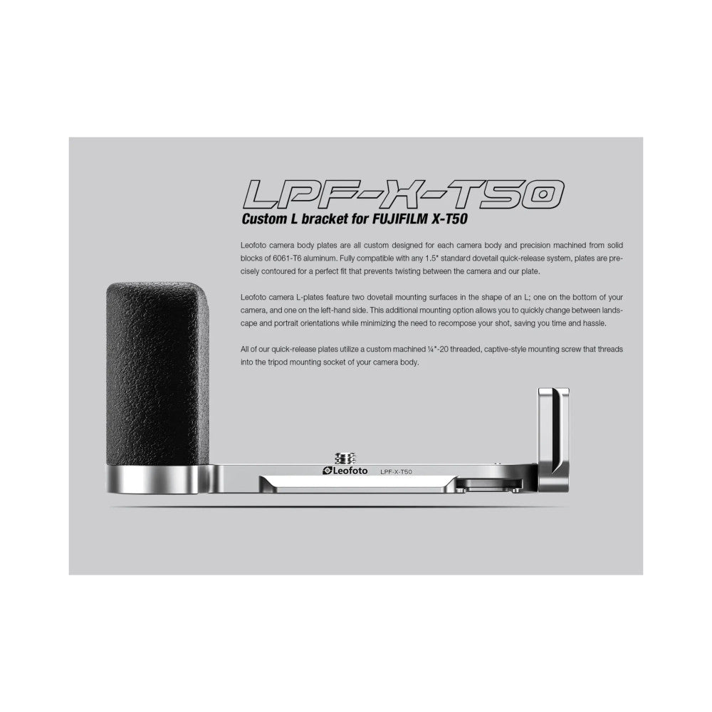 Side view of silver L-bracket showing mounting surfaces and grip handle against textured background with product specifications.