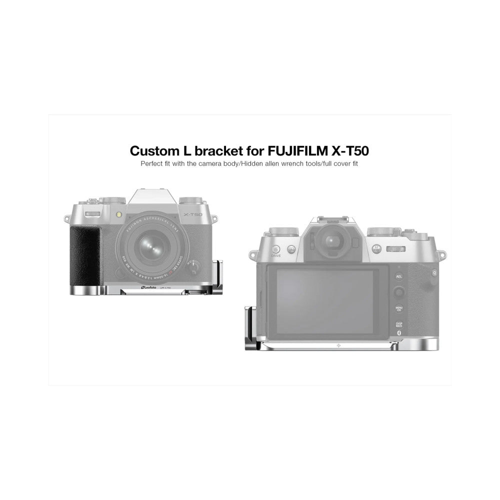 Leofoto L-bracket for Fujifilm X-T50 shown from front and rear angles mounted on camera body in silver finish.
