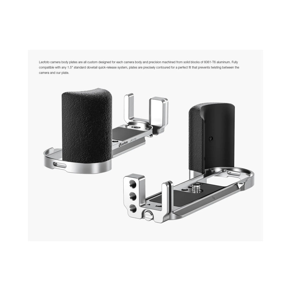 Multiple angles of a silver aluminum L-bracket with black grip panels, showing the plate design and mounting components from various perspectives.