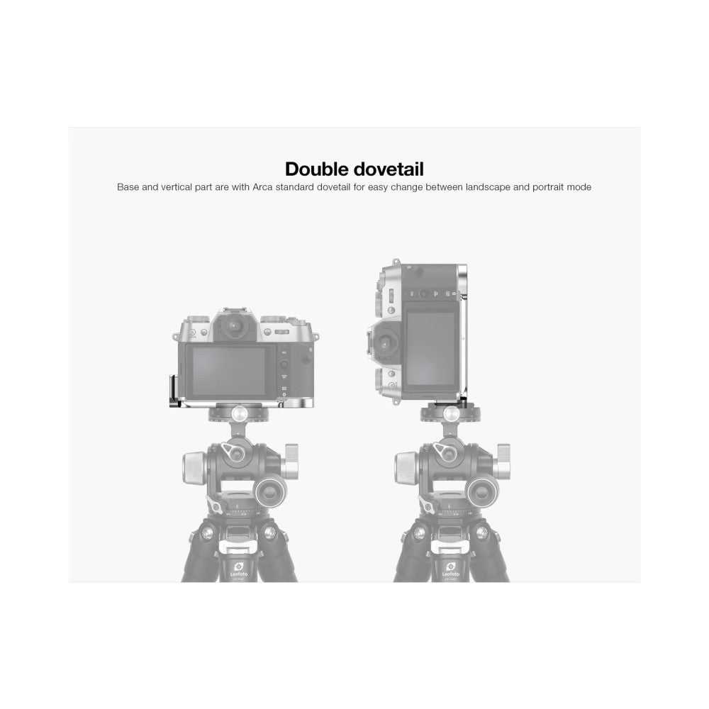 L-bracket mounted on tripod head shown in landscape and portrait orientation with camera attached, demonstrating Arca dovetail compatibility.