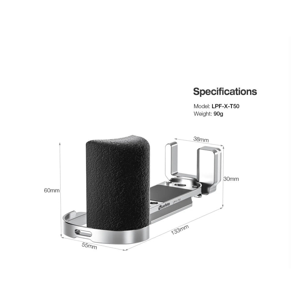 Product specifications diagram showing the Leofoto LPF-X-T50 L-bracket from an angled perspective with dimensions labeled in millimeters.