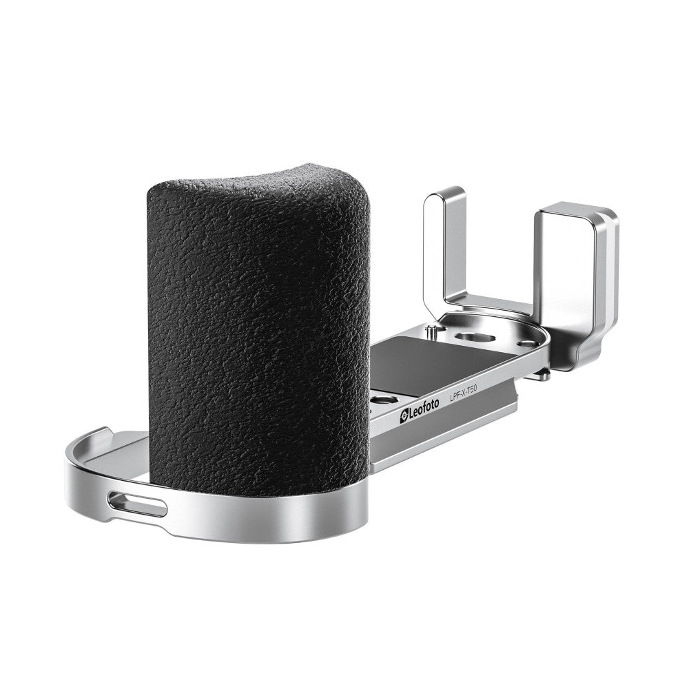 Silver L-bracket with textured black cylindrical grip shown from an angled side view, displaying the metal frame and quick-release mechanism.