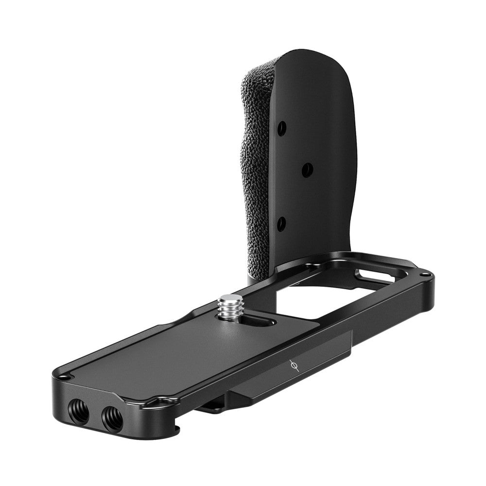 Black L-bracket with textured grip pad shown from side angle, displaying mounting plate and vertical grip extension with attachment holes.