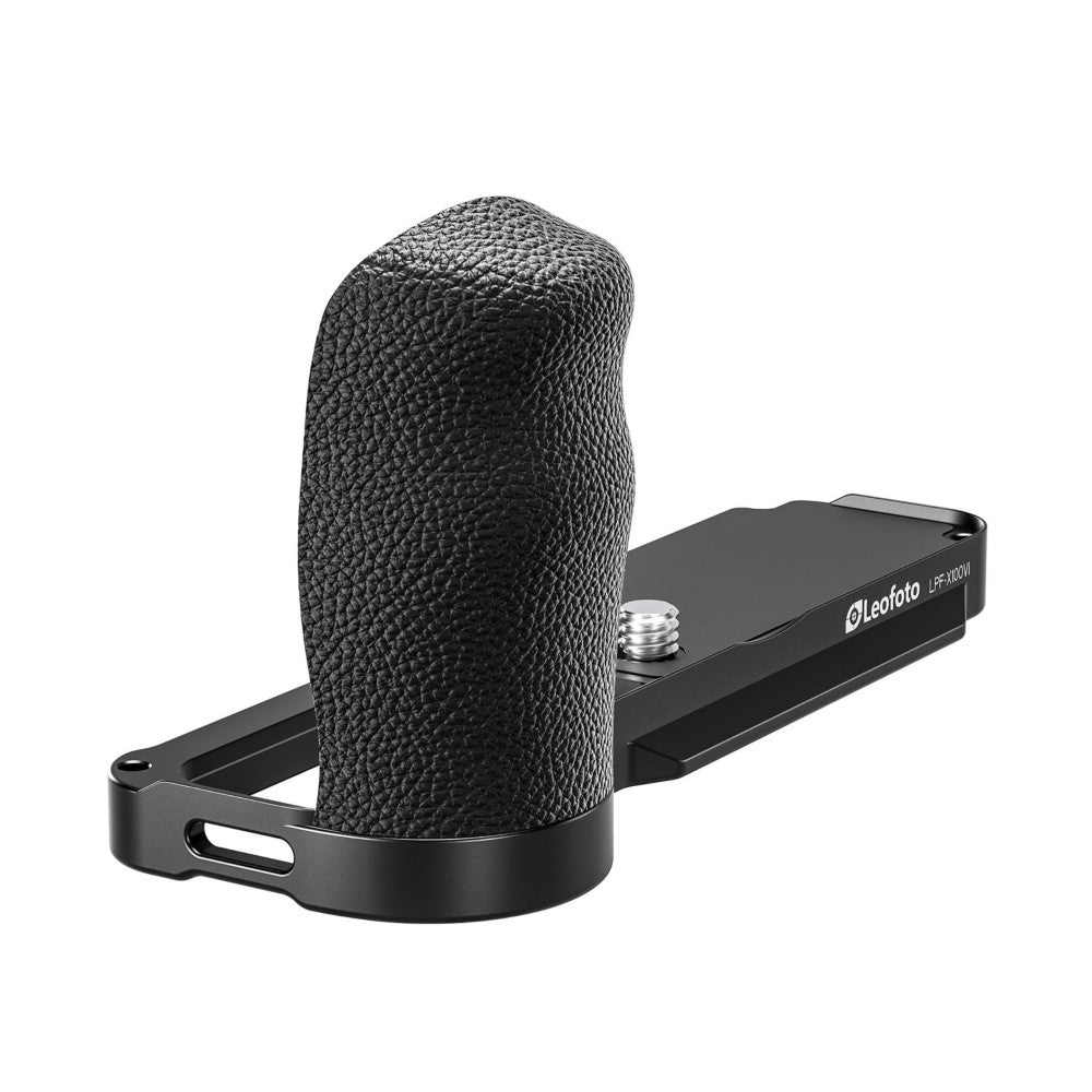 Black L-bracket with textured grip handle shown from side angle, displaying Leofoto branding on the horizontal mounting rail.
