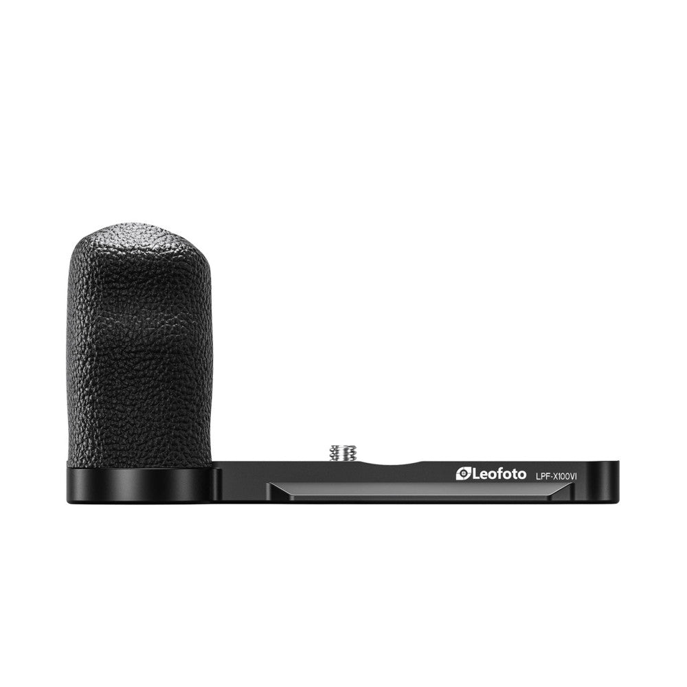 Side view of black Leofoto L-bracket showing textured grip handle on left and mounting plate with tripod socket on right.