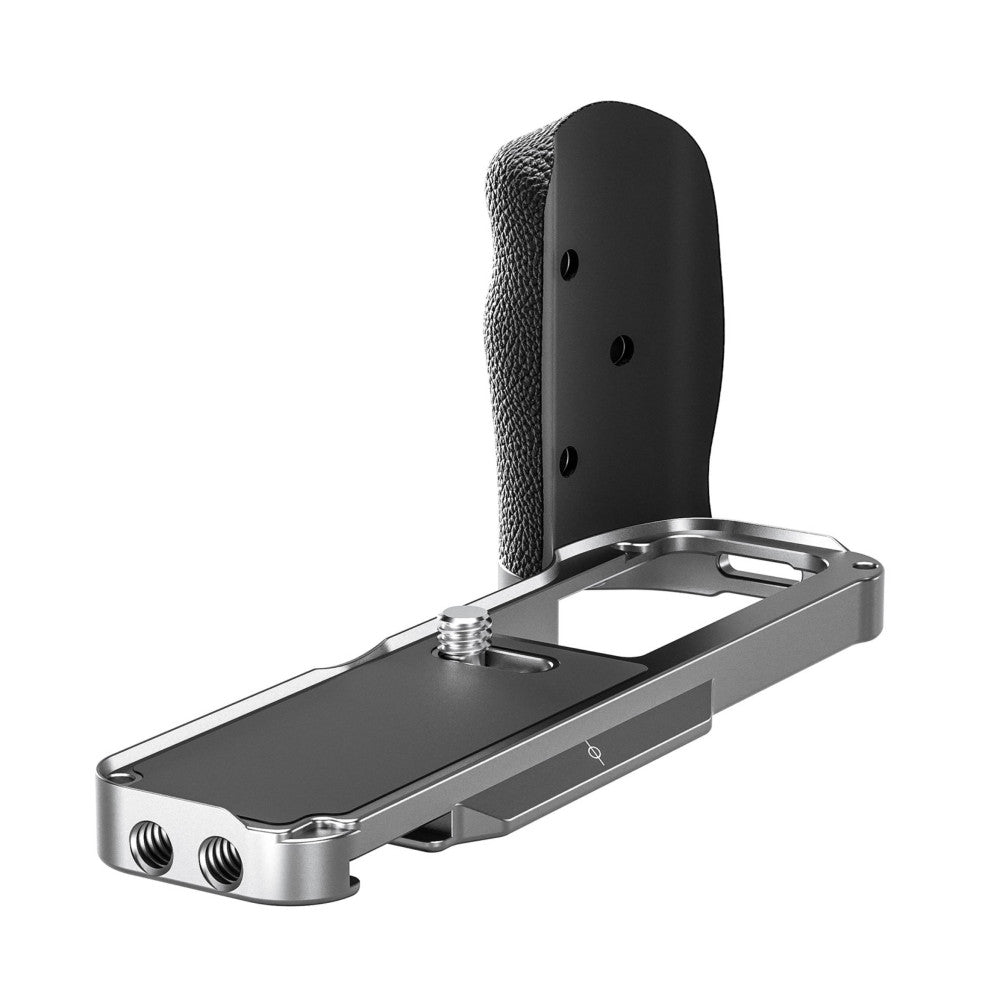 Silver L-bracket with black grip attachment shown from the side, featuring a horizontal base plate with mounting holes and a vertical column with textured grip surface.