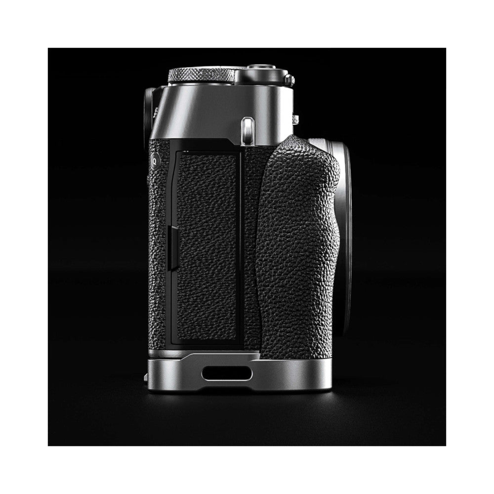 Silver and black L-bracket with textured grip panels shown from front-facing angle against black background.