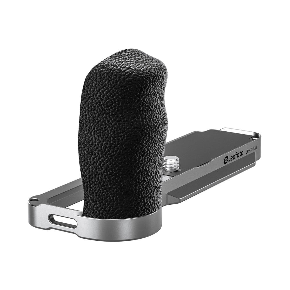 L-bracket with black textured grip and silver metal base plate, shown from side angle view against white background.