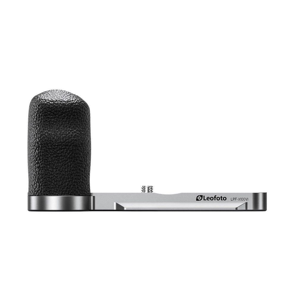 Side view of silver L-bracket with attached microphone windscreen, showing metal base plate and vertical mounting column against white background.