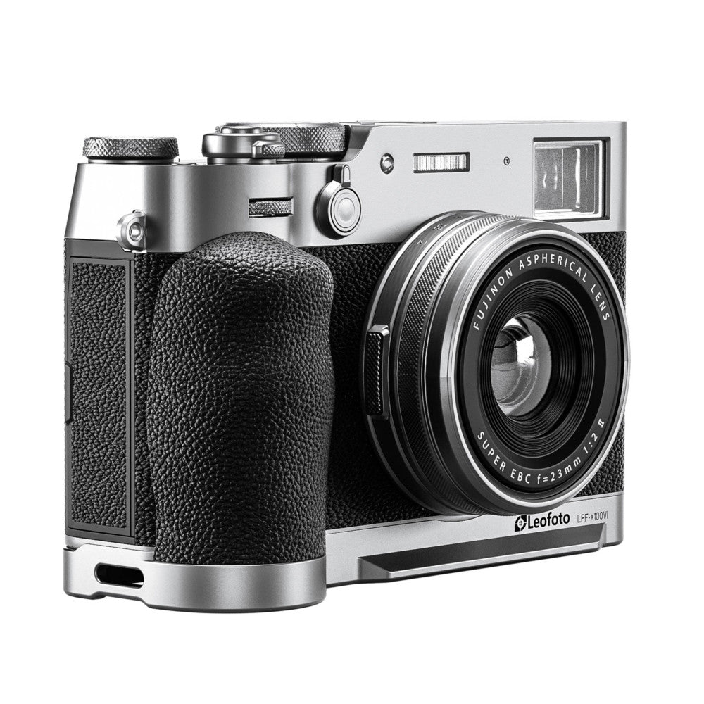 Silver L-bracket mounted on Fujifilm X100VI camera, angled three-quarter view showing left side and front lens.