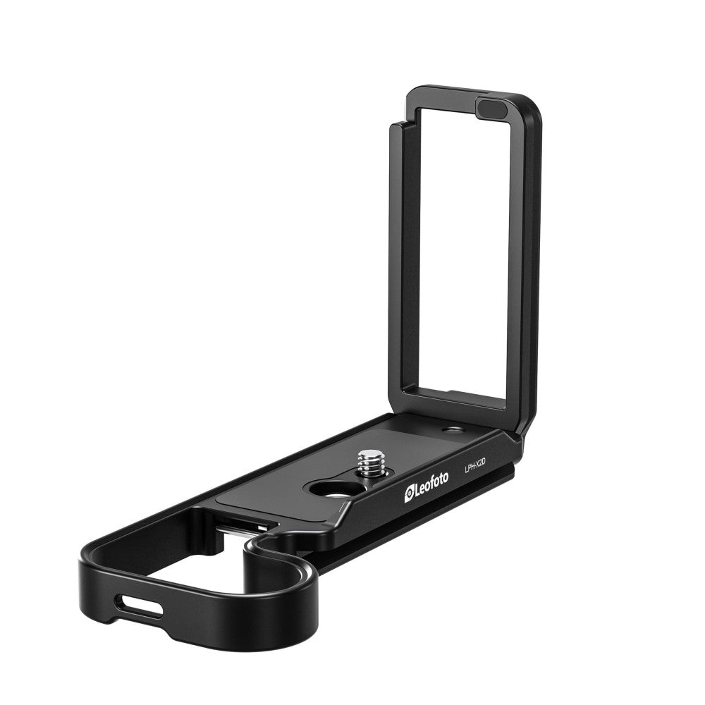 Black L-bracket shown from the side angle, displaying the vertical mounting plate, horizontal base plate with tripod socket, and grip handle.