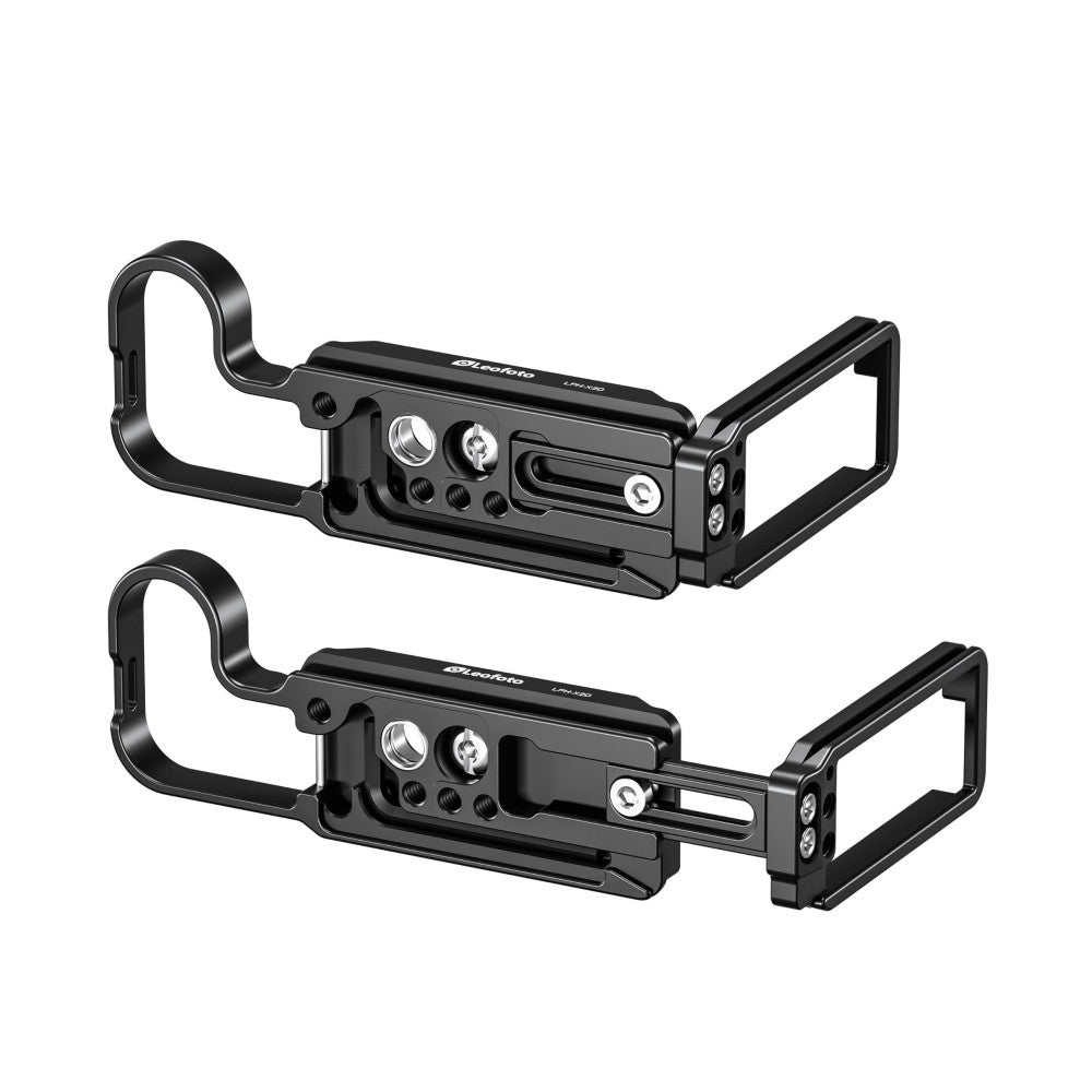 Two black L-brackets shown side-by-side against white background, displaying different angles of the quick-release mounting plate design with adjustment knobs and handles.