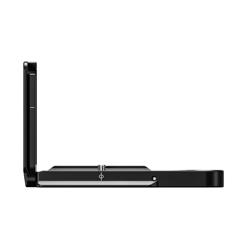 Black L-bracket shown from the side profile view, displaying the vertical arm and horizontal base plate with mounting points.