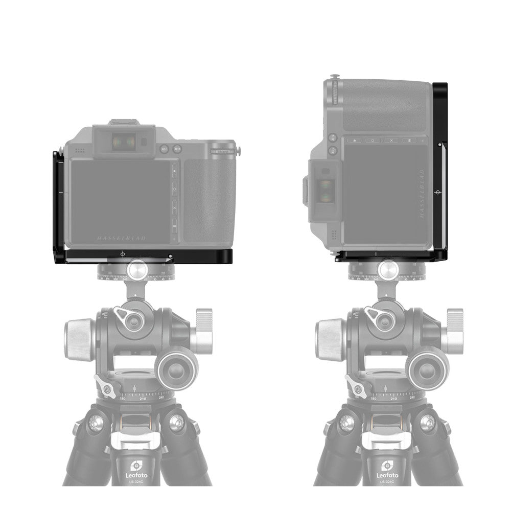 Two views of the Leofoto L-bracket mounted on a Hasselblad X2D camera and tripod head, showing left and right side profiles.