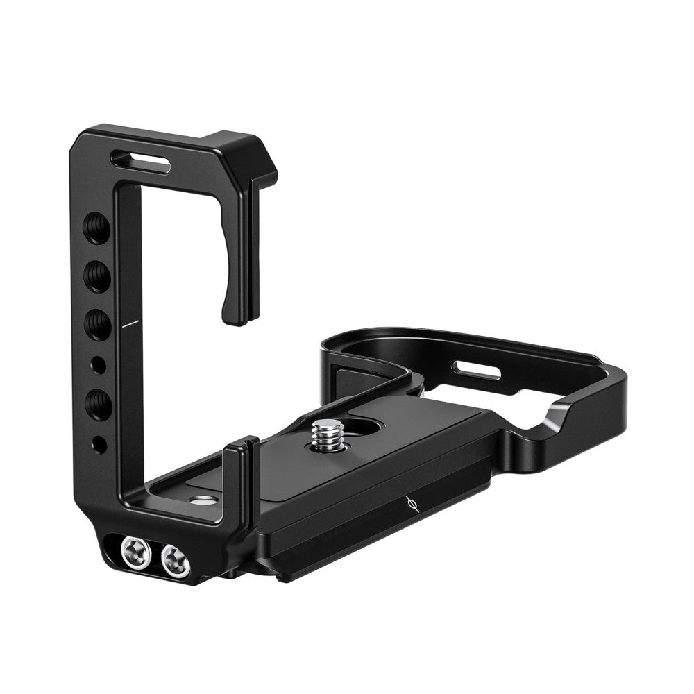 Black L-bracket for camera shown from multiple angles displaying the vertical and horizontal components with mounting slots and adjustment knobs.