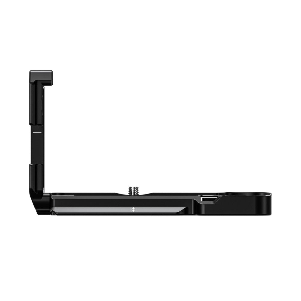Black L-bracket shown from side view with vertical arm, horizontal base plate, and tripod socket, displayed against white background.