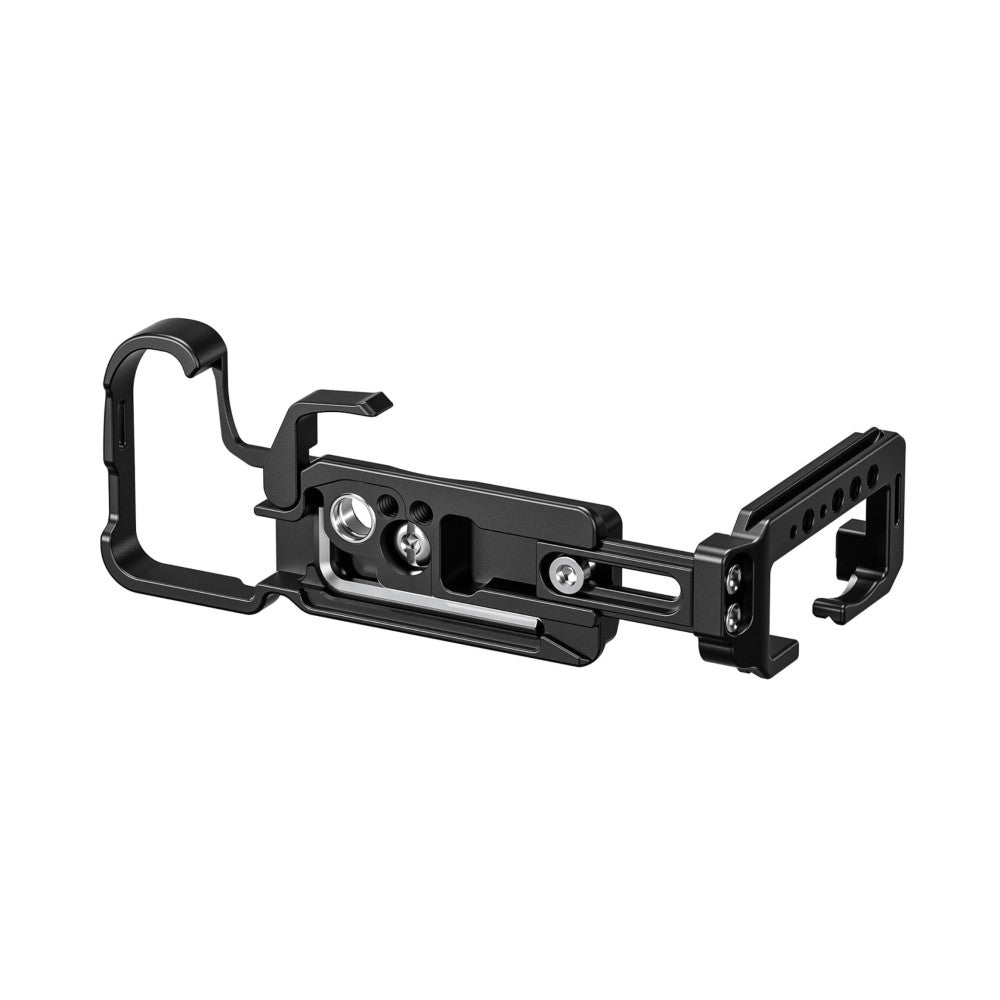 Black L-bracket with dual handles shown from the side, displaying the mounting plate, adjustment screws, and attachment points against a white background.