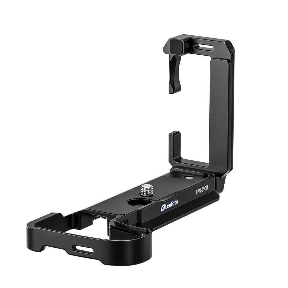 Black L-bracket for Nikon Z50II camera shown at an angle, displaying the vertical grip handle and horizontal base plate with mounting hardware.