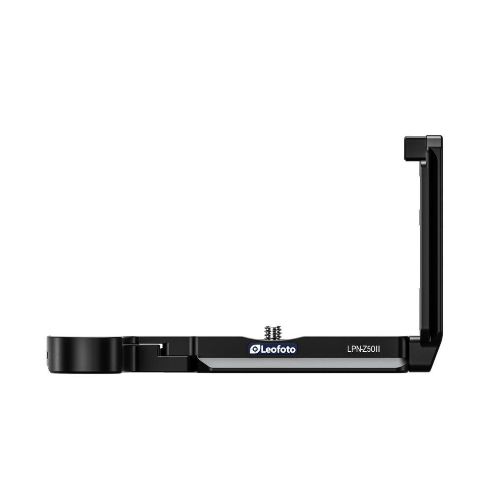 Side view of black Leofoto L-bracket showing horizontal base plate with vertical quick-release mount and adjustment screw.