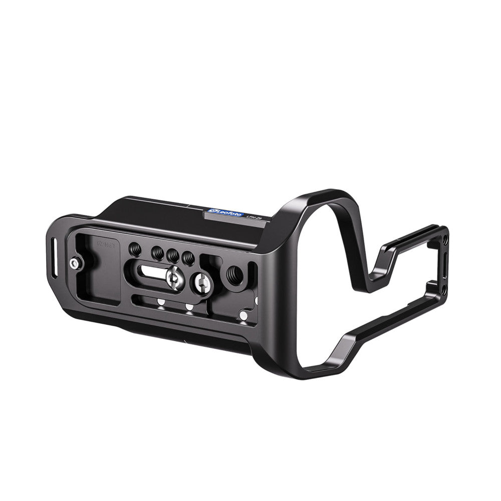 Black L-bracket with mounting plate, adjustment knobs, and handle grip shown at an angle against white background.