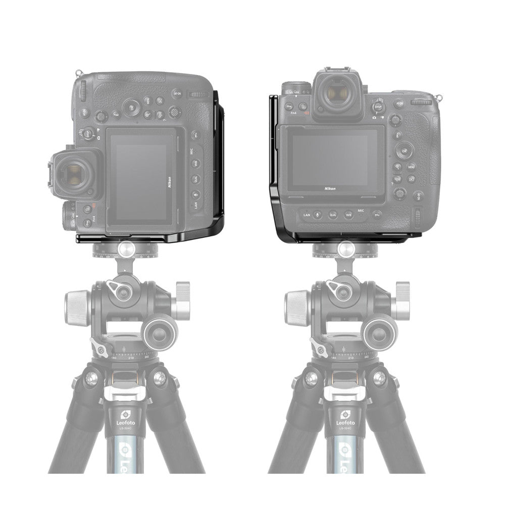 Top and side views of black L-bracket mounted on Nikon Z9 camera with tripod head, showing profile fit and attachment.