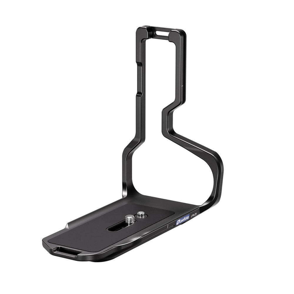 Black L-bracket for Nikon Z9 shown from side angle, displaying vertical grip handle and horizontal base plate with mounting socket.