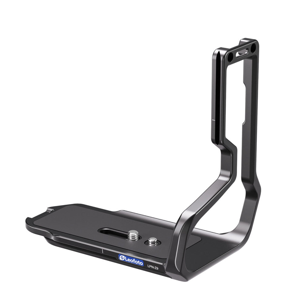 Black L-shaped camera bracket shown at an angle, displaying the horizontal base plate with mounting screws and vertical handle with attachment points.