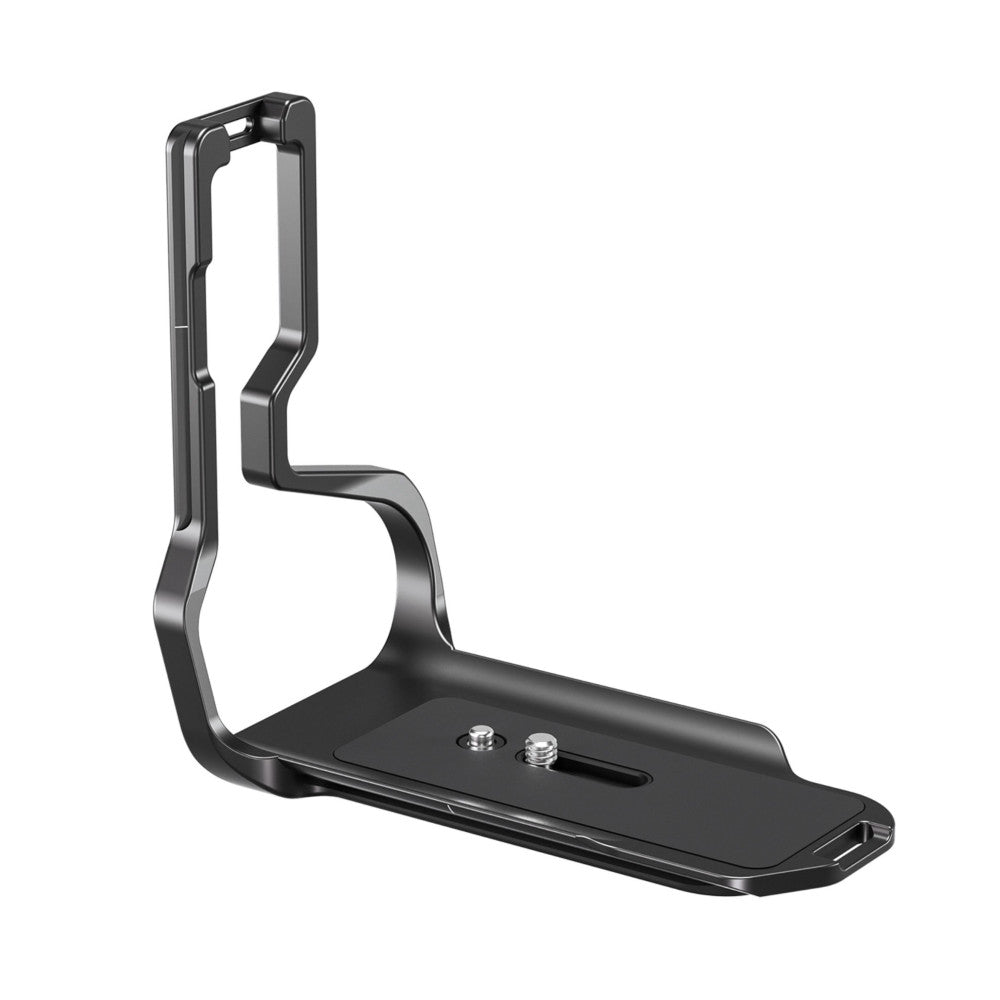Black L-bracket for Nikon Z9 shown at three-quarter angle, displaying the vertical grip handle and horizontal base plate with mounting screws.
