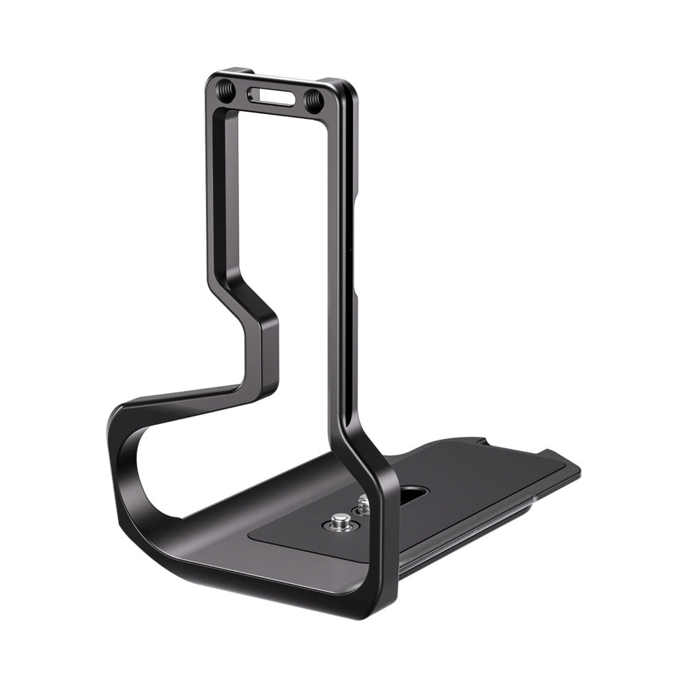 Black metal L-bracket shown from side angle, displaying vertical mounting plate with dual thumb screws and horizontal base platform with attachment point.