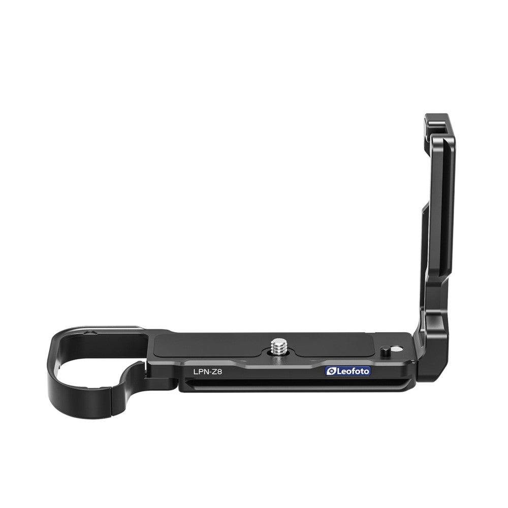 Black L-shaped camera bracket shown from the side, displaying the grip handle on left and vertical mounting arm on right, with product name and Leofoto logo visible on top plate.