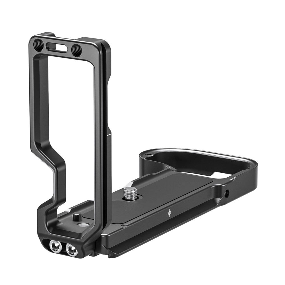 Black L-bracket for Nikon Zfc camera shown from multiple angles, displaying vertical and horizontal grip components with mounting threads and attachment points.