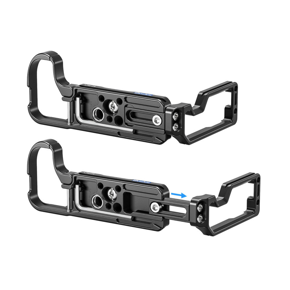 Two views of a black L-bracket showing assembly instructions, with the upper unit fully assembled and the lower unit demonstrating a sliding component adjustment.