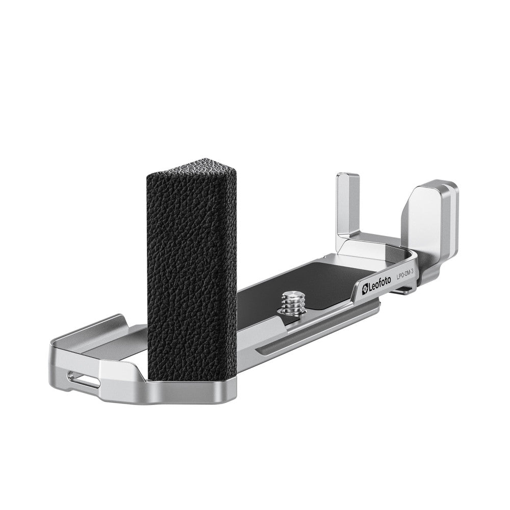 Side view of silver and black L-bracket with textured grip handle and adjustment knobs for camera mounting.