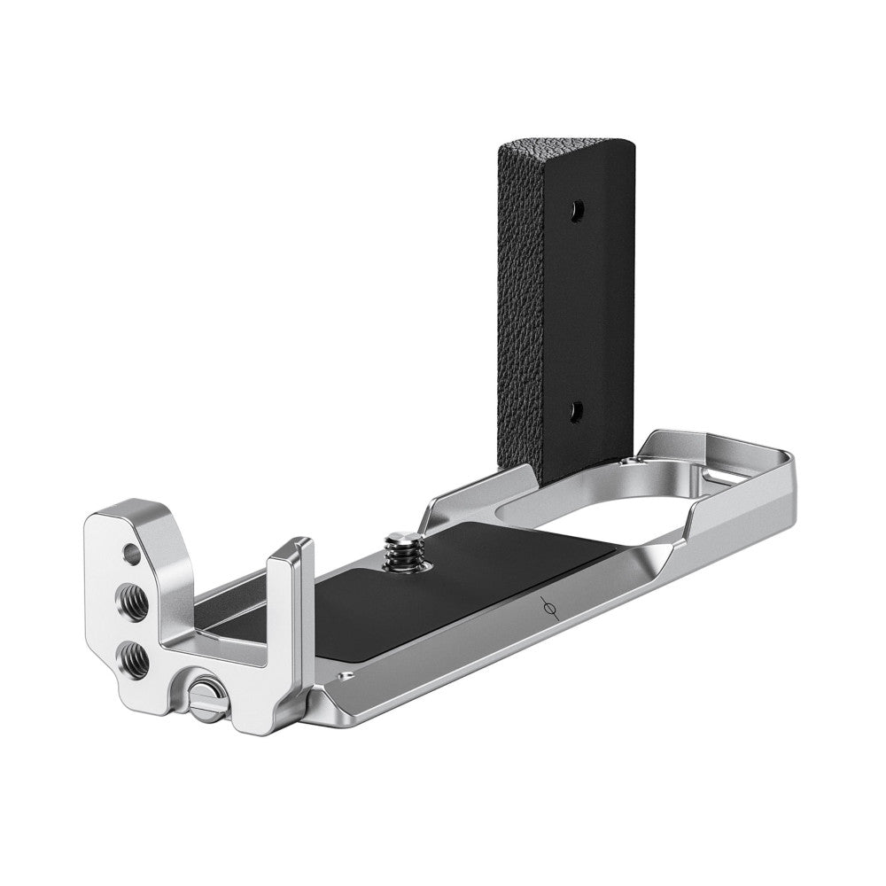 Three-quarter view of an L-shaped camera bracket with polished aluminum arms, black rubber grip surfaces, and mounting hardware against a white background.