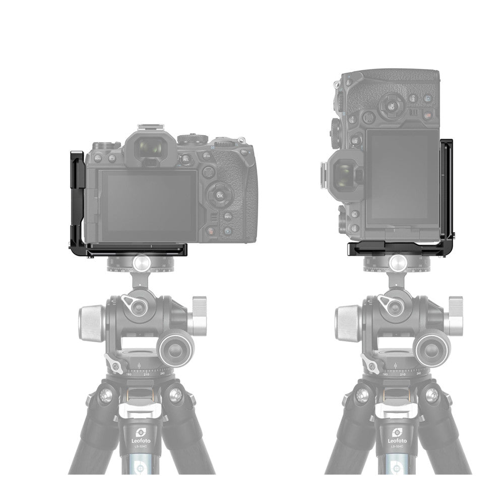 Two side-by-side views of a black L-bracket mounted on a camera and tripod head, showing left and right orientations.