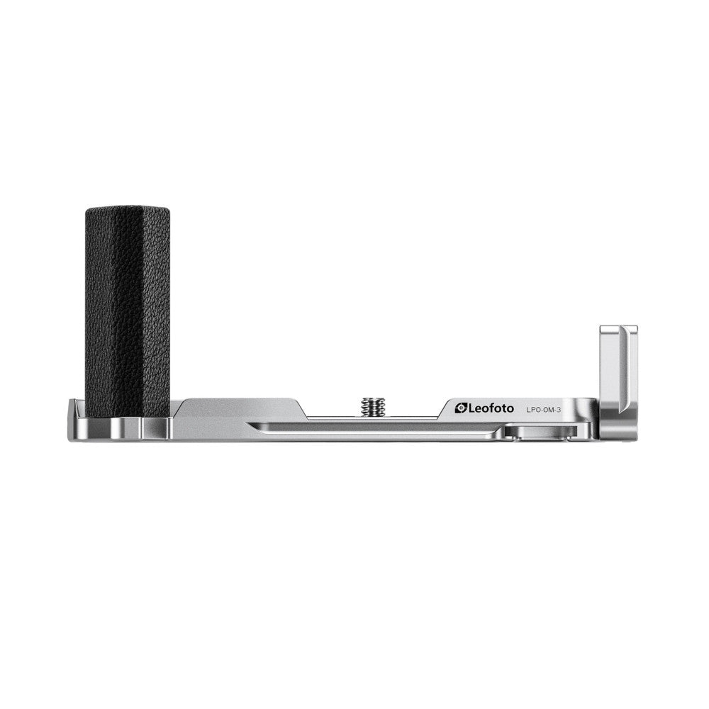 Side profile view of Leofoto LPO-OM-3 L-bracket in silver and black, showing vertical grip and horizontal extension arm.