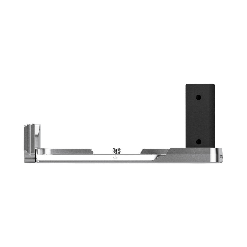 Side view of a silver metal L-bracket with a black rubber grip pad, showing the horizontal and vertical mounting arms with adjustment screws.