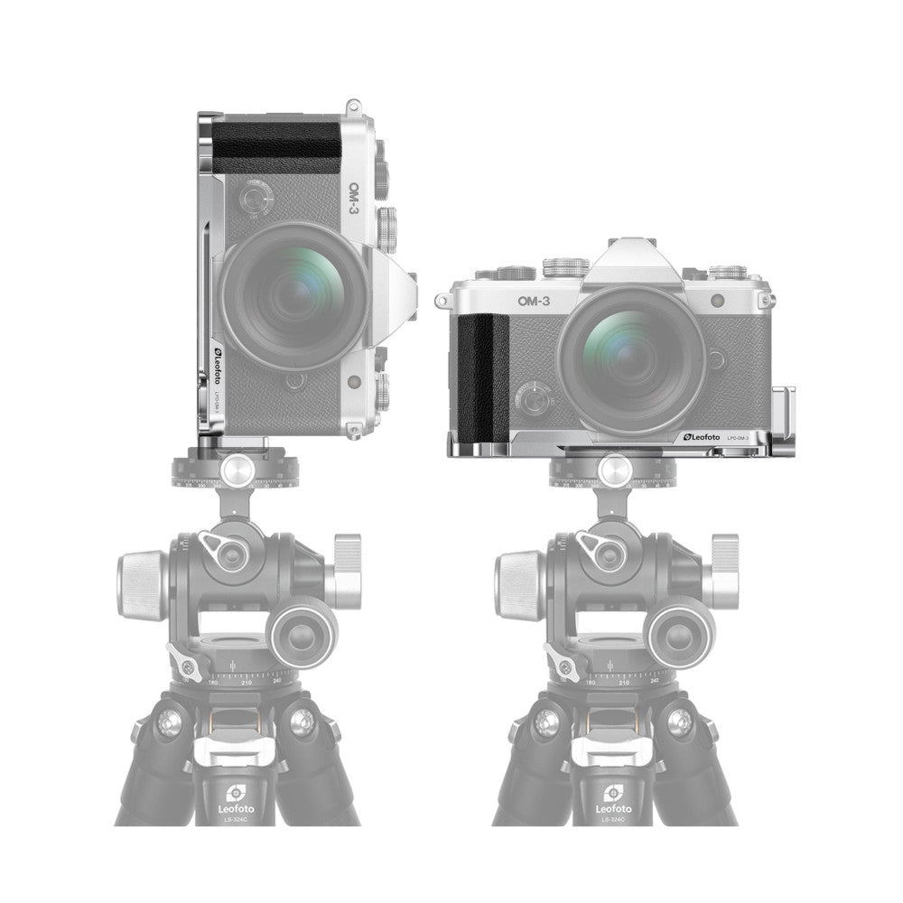 Two views of Olympus OM-3 camera mounted on Leofoto L-bracket and tripod head, shown from side and front angles.