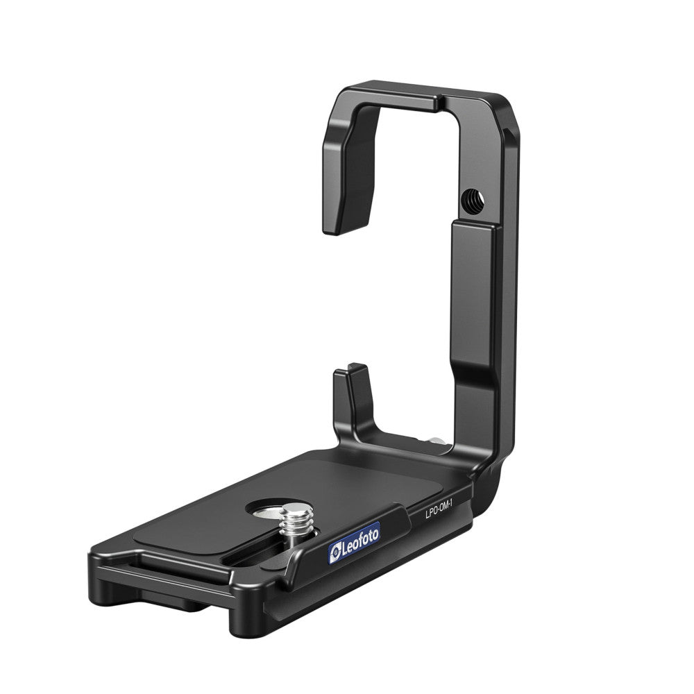 Black L-bracket shown from side angle, displaying horizontal base plate with tripod socket and vertical mounting arm with camera attachment point.