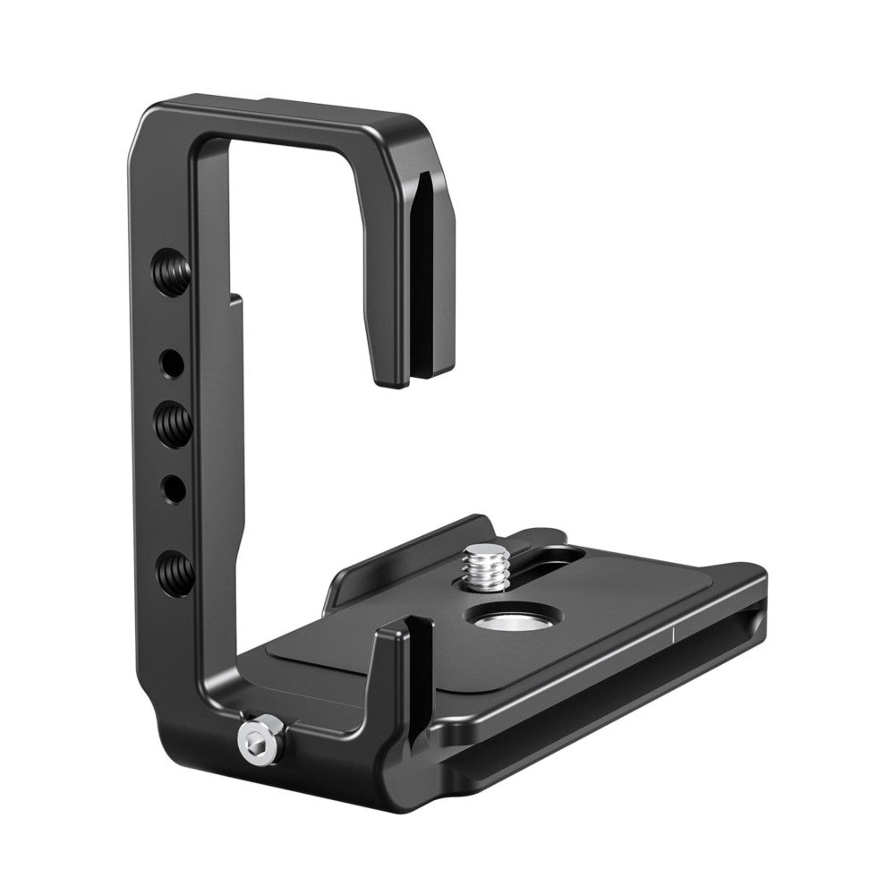 Black L-bracket with vertical mounting plate, horizontal base plate, and adjustment screws shown from isometric angle against white background.