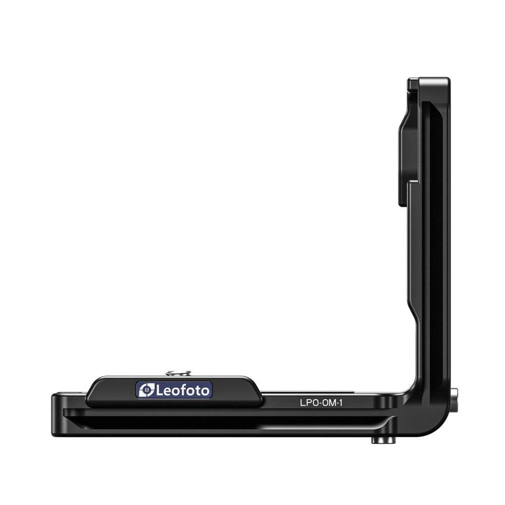 Side view of black L-bracket with Leofoto branding and LPO-OM-1 model number visible on horizontal base plate.