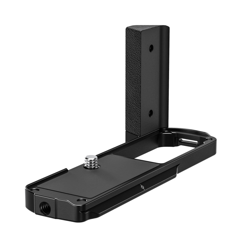 Black L-bracket with vertical column and horizontal base plate, shown at three-quarter angle displaying mounting socket and adjustment screw detail.