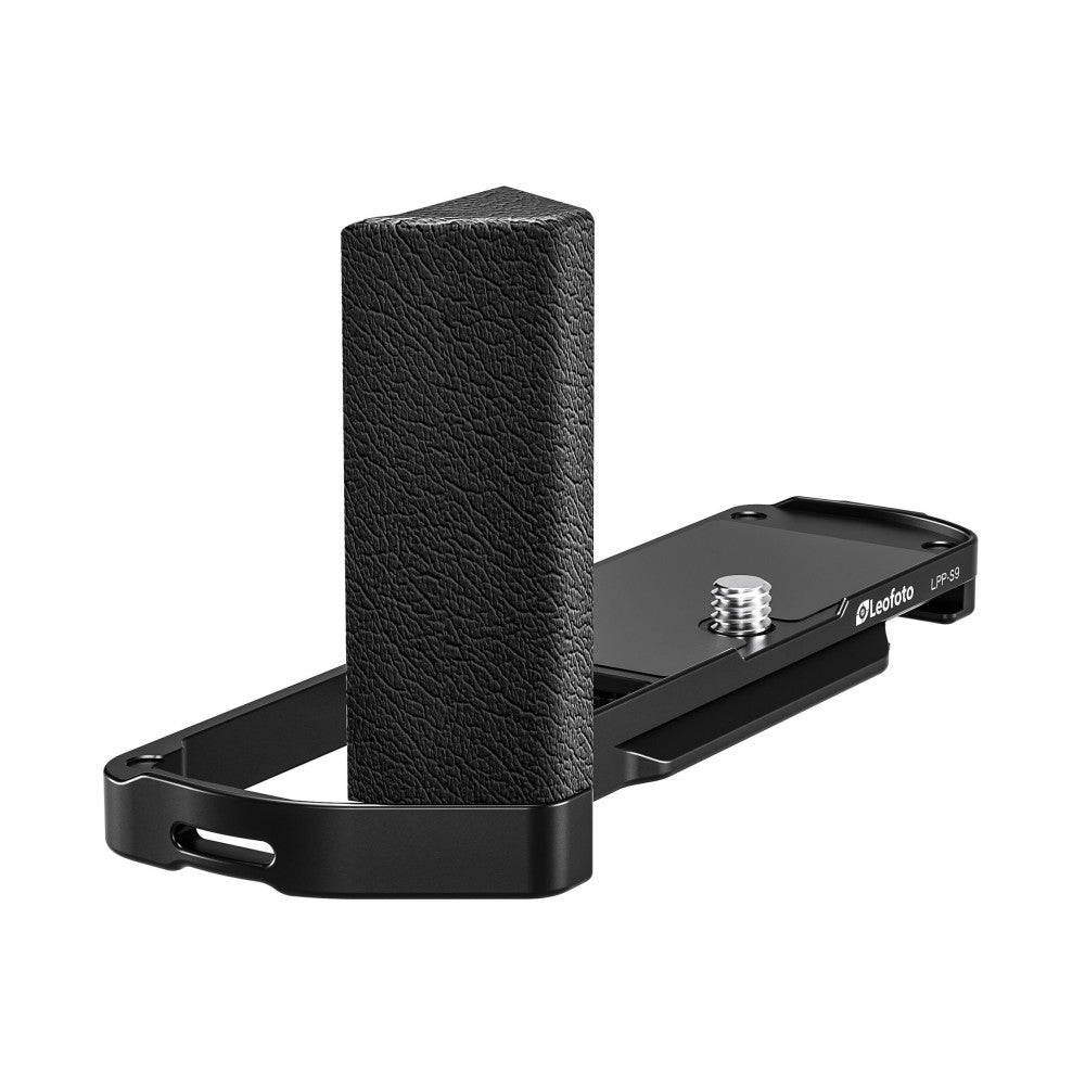 Black L-bracket with textured grip column and metal base plate, shown from angled side view against white background.