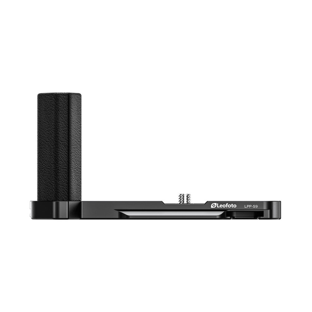 Side view of black L-bracket with textured grip handle and mounting plate with tripod socket