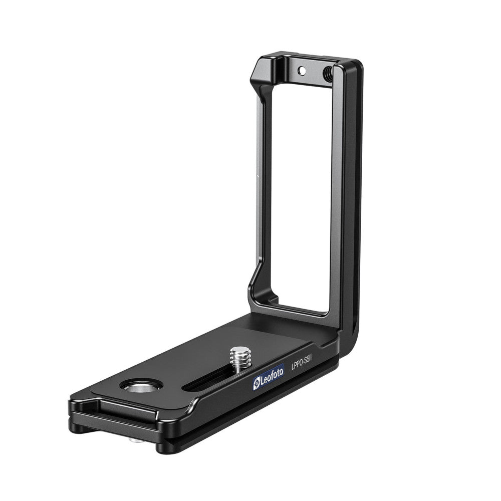 Black L-shaped camera bracket shown from the side angle, displaying the vertical handle and horizontal base plate with mounting screw.