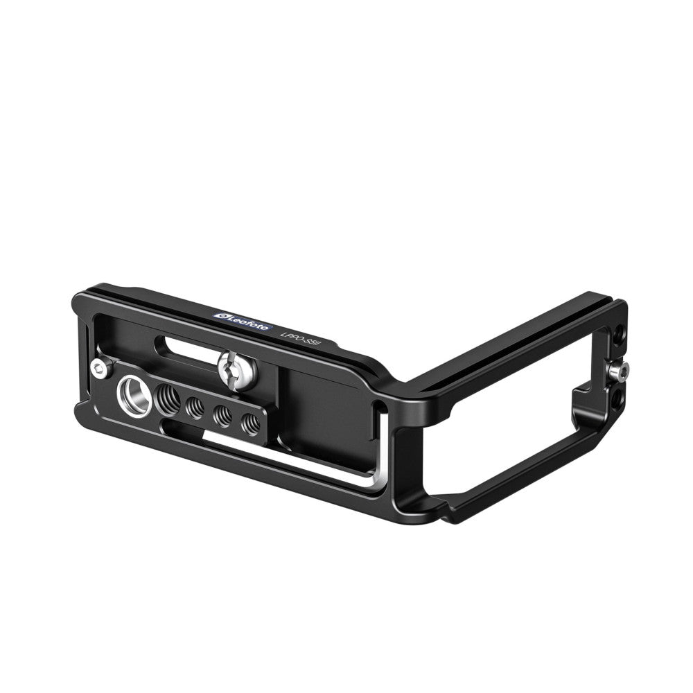 Black L-bracket with mounting points and adjustment knobs shown from an angled side view against white background.